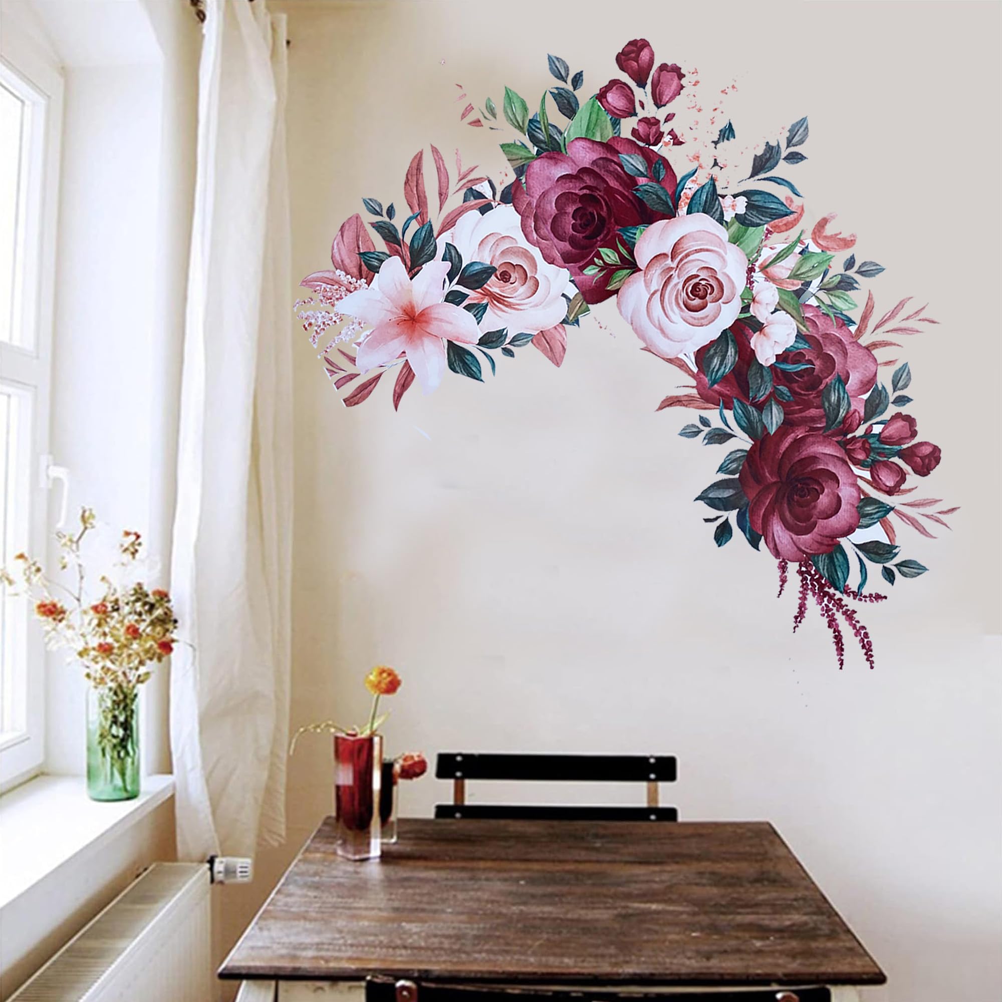 Xtore Red & White Flowers Wall Sticker for Home | Office | Kitchen Decor (Pack of 1, Red & White) 3