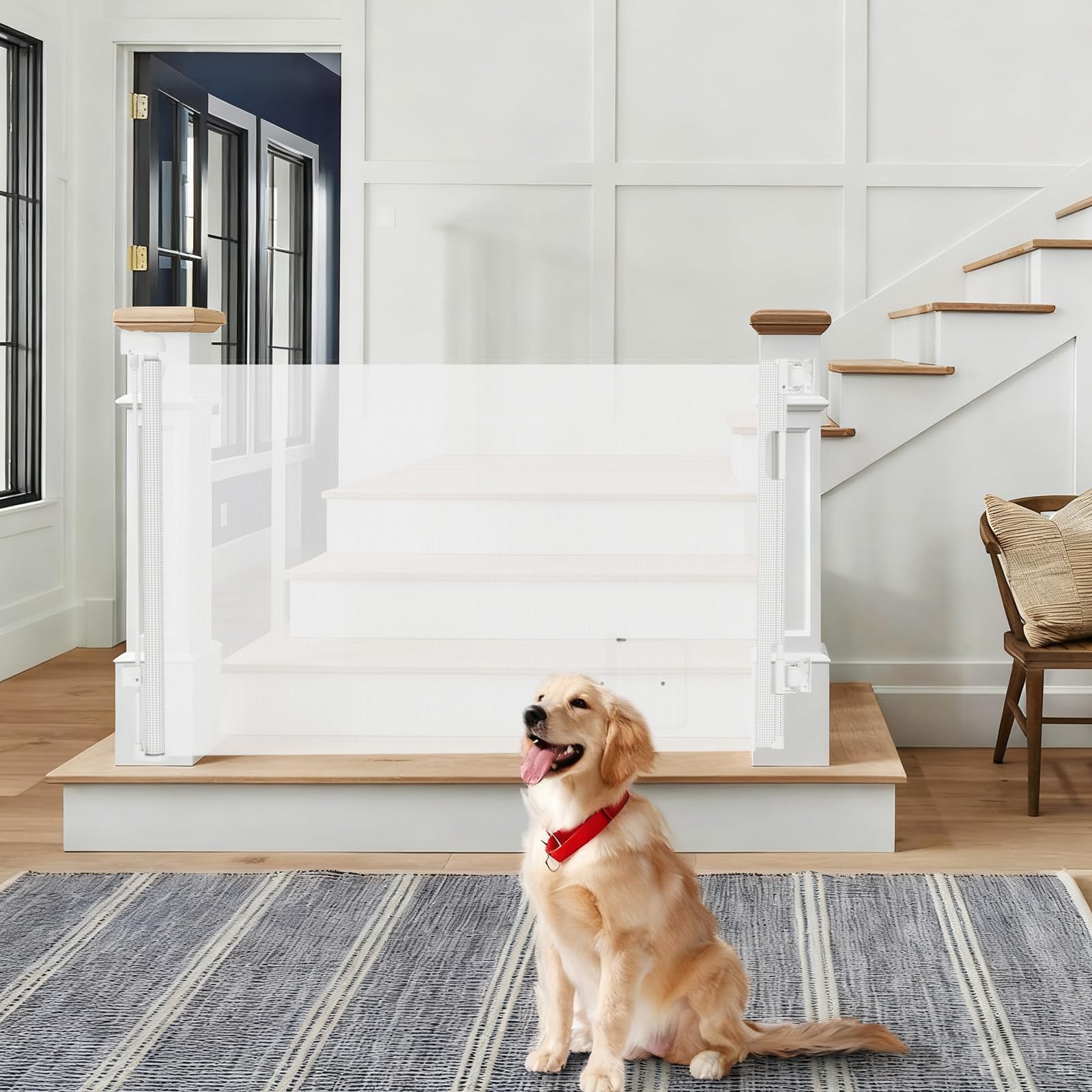 Barrera de seguridad infantil extensible retráctil – Barrera de escalera infantil y perro para interior/exterior, pasillos, con gato cueva (180 cm)