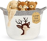 Vista 1 de Cesta de almacenamiento de ciervos para guardería – Contenedor grande de cuerda de algodón de 15"x11" con parche de animales de fieltro suave