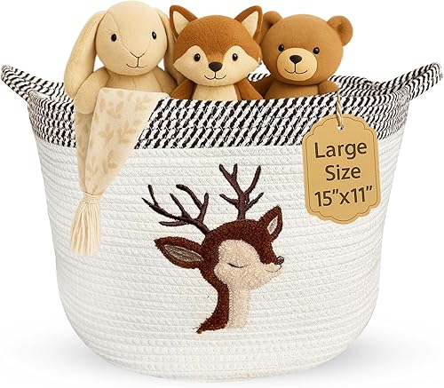 Cesta de almacenamiento de ciervos para guardería, cubo grande de cuerda de algodón de 15 x 11 pulgadas con parche de animales de fieltro suave,