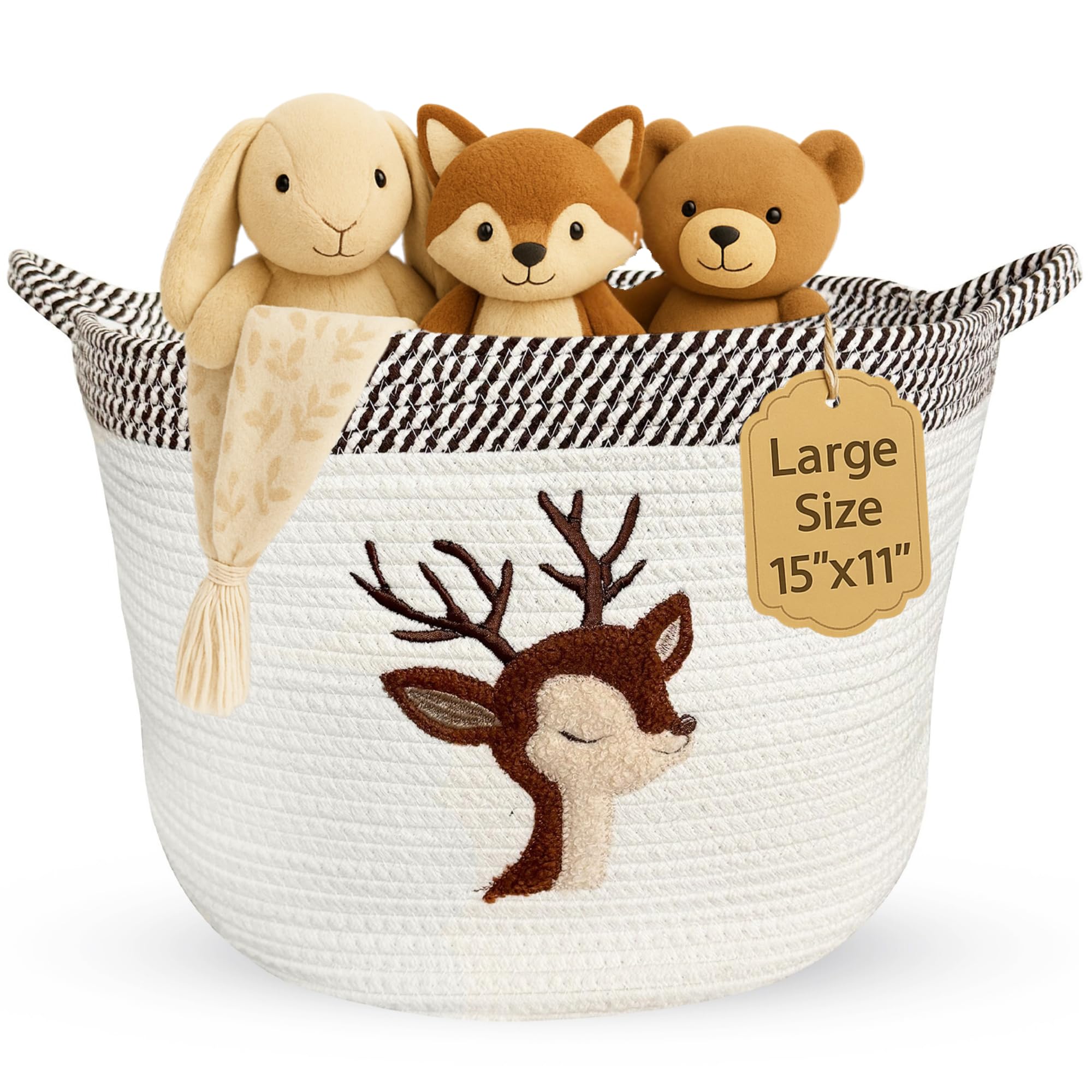 Deer Storage Basket for Nursery – Large 15”x11” Cotton Rope Bin with Soft Felt Animal Patch – Toy Organizer, Baby Laundry Hamper, Diaper & Towel