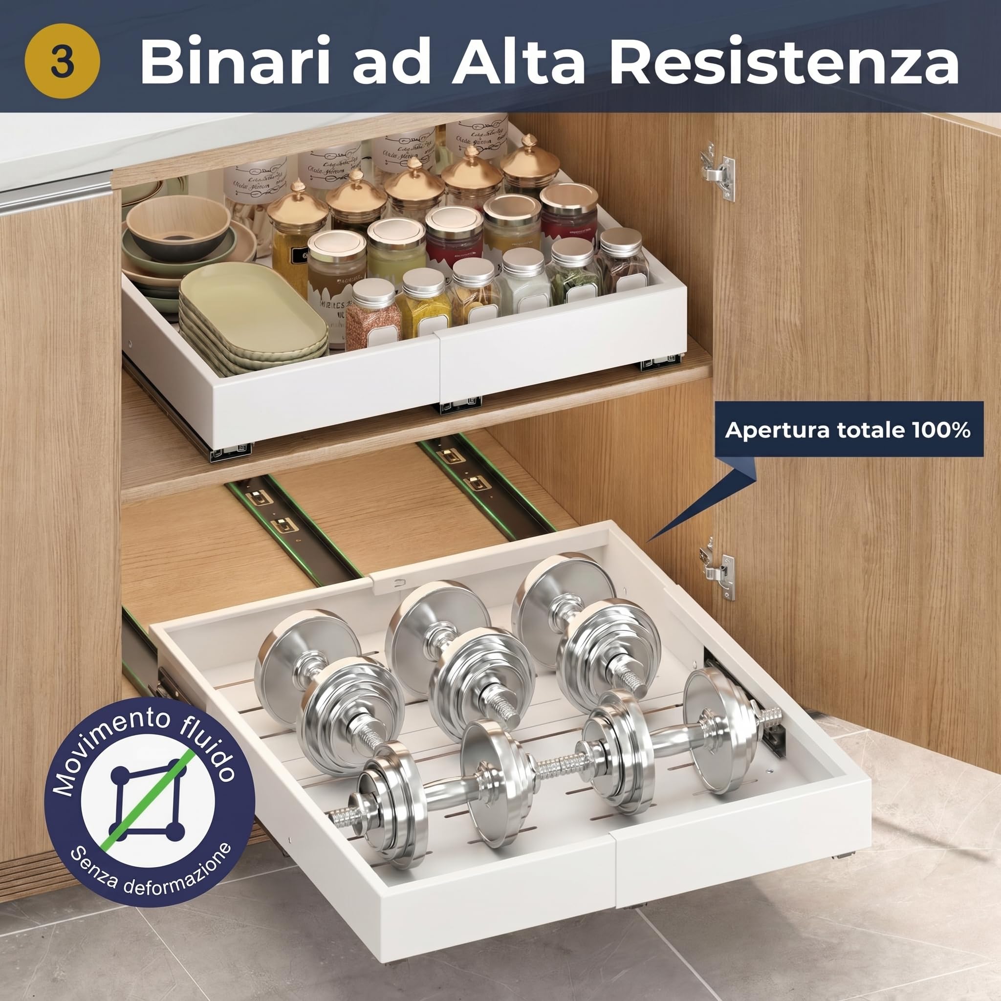 Cassetto Estraibile Cucina – Organizzatore Regolabile in 4 Direzioni, Larghezza 30-49,5 cm e Profondità 42-56 cm, Senza Trapano, Binari Scorrevoli Silenziosi – Ottimizza lo Spazio in Armadi e Dispensa