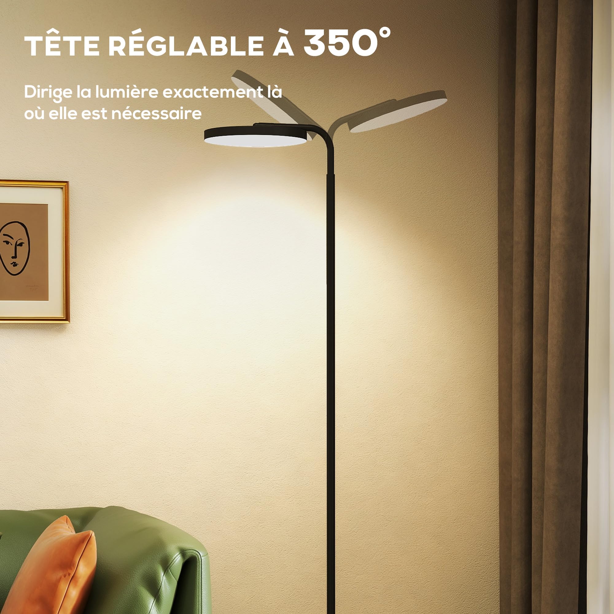 HOMCOM Lampadaire LED sur Pied Salon Intensité Variable Chambre Noir