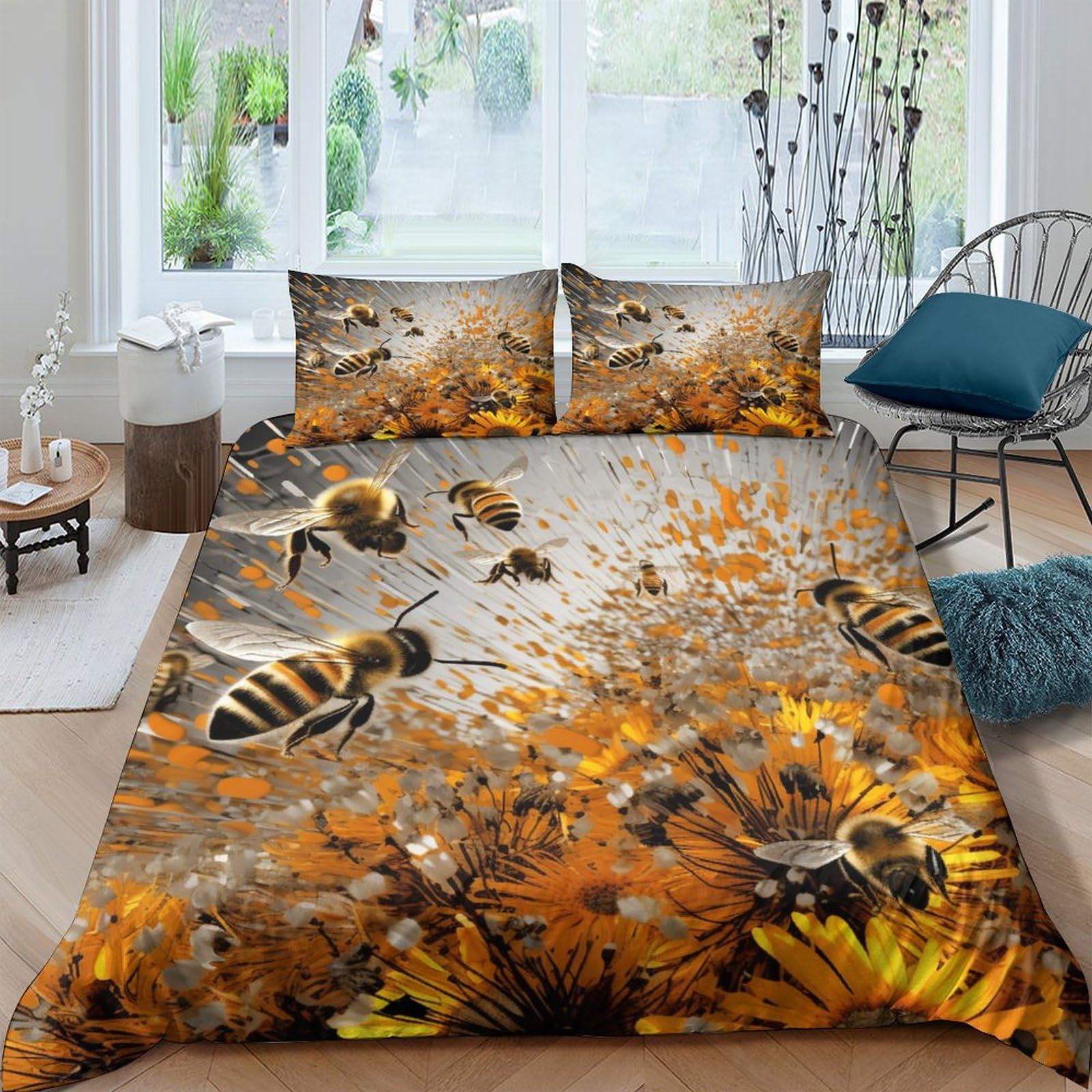Housse de couette abeille et chrysanthème 3 pièces King 220x240 cm