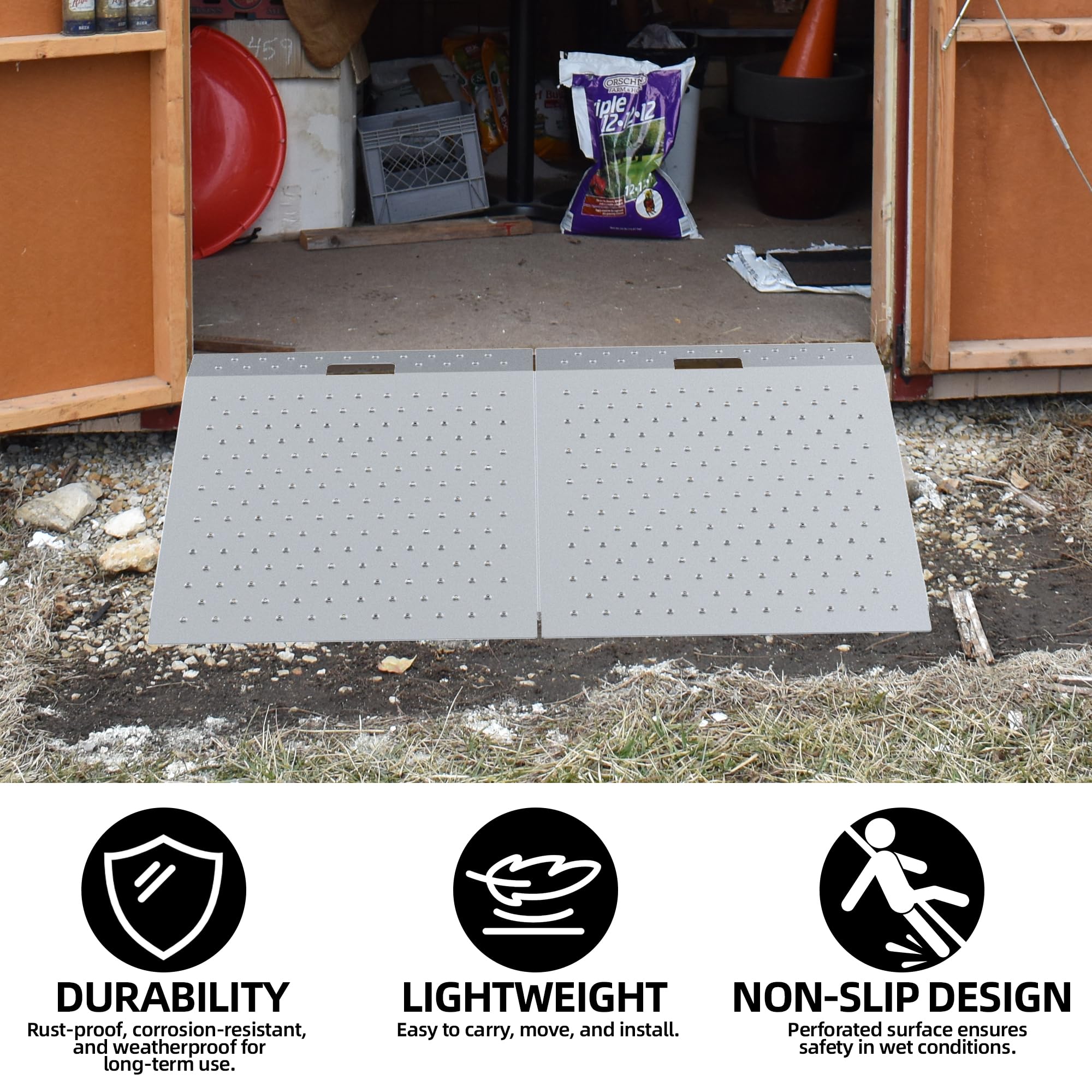 74 cm x 122 cm Schuppen Rampe für Rasenmäher & Gartenbedarf - Tragfähigkeit 680 kg Anti-Rutsch-Punchenplatte Auffahrrampe für ATV, Motorräder, Garagen & Ställe (2 Stück)