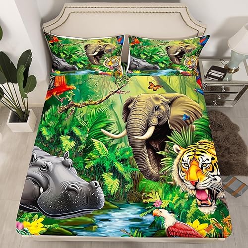 Miniatura 1 de Juego de funda de cama con estampado de animales de la selva, tamaño Queen, diseño de cocodrilo, hipopótamo, elefante, tigre, safari, africano,