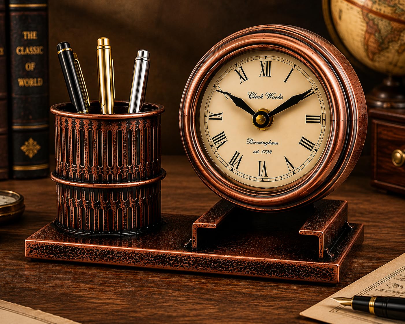Vintage Metal Desk Clock with Pen Holder for Office Desk | Antique Copper Table Clock Organizer | Retro Roman Numeral Desktop Clock | Decorative Stationery Holder for Home & Office Décor-image-29