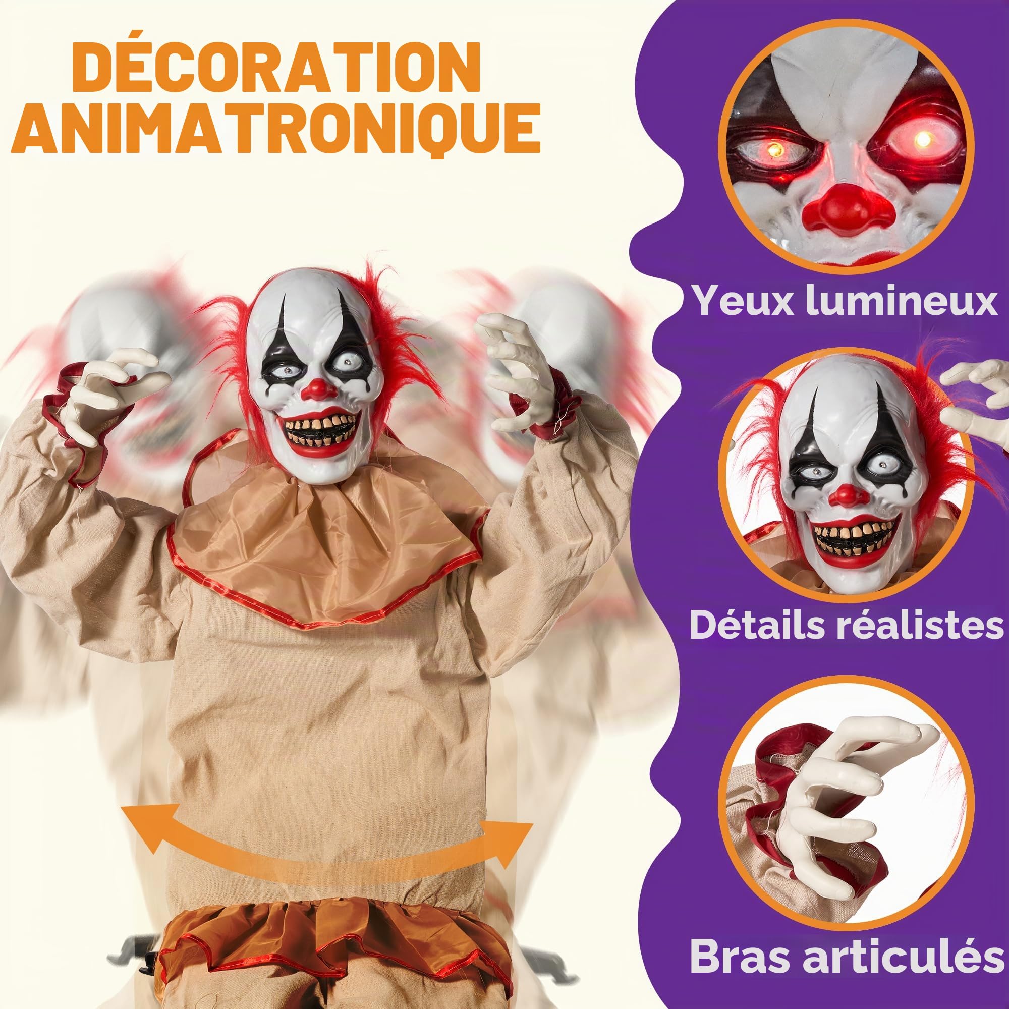 JOYIN Décoration de Clown Assis animatronique d'halloween de 165cm avec Yeux Lumineux, Son Effrayant, Bras et tête Mobiles (activé par Le Son et la lumière) pour Les décorations de Maison hantée