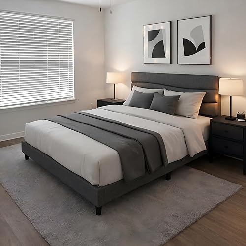 Vista 21 de EnHomee Base de cama tamaño King, base de cama King tapizada con estaciones de carga, cabecera de almacenamiento ajustable, dormitorio, apartamento
