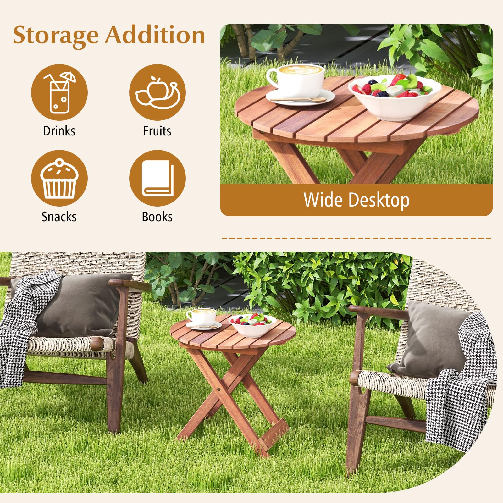 GOPLUS Table Pliante Extérieure Bois Acacia 46x46x45cm - Charge 75kg