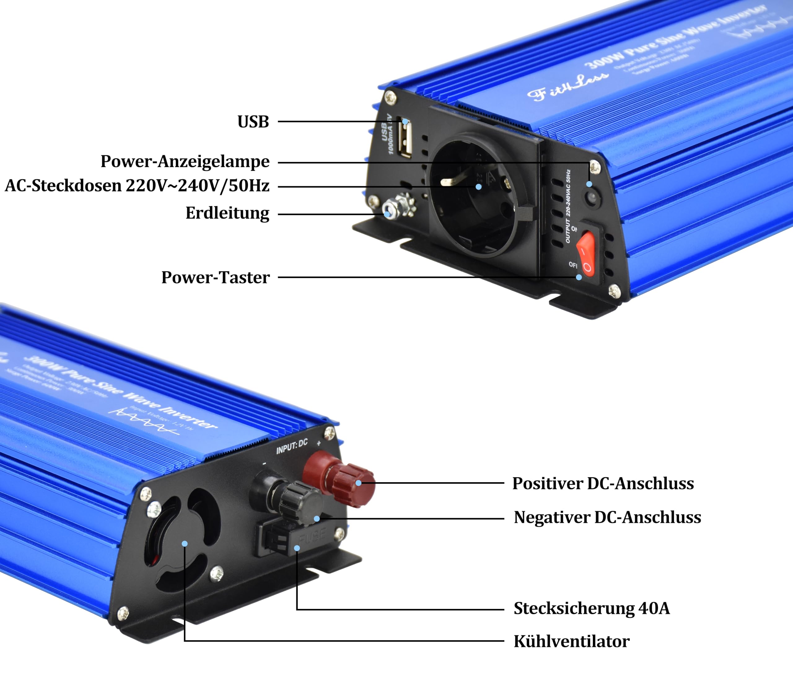 Reiner Sinus-wechselrichter 300 Watt mit Deutsche Steckdosen,DC 5 V 2 A USB-Ausgang (300W)