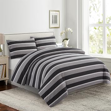 Marina Decoration Ultra Soft Silky Zipper Rich Printed Rayon Derived from Bamboo All Season 3 Pieces Duvet Cover Set with 2 Pillowcases, Black Grey Stripes Pattern Double/Full Size