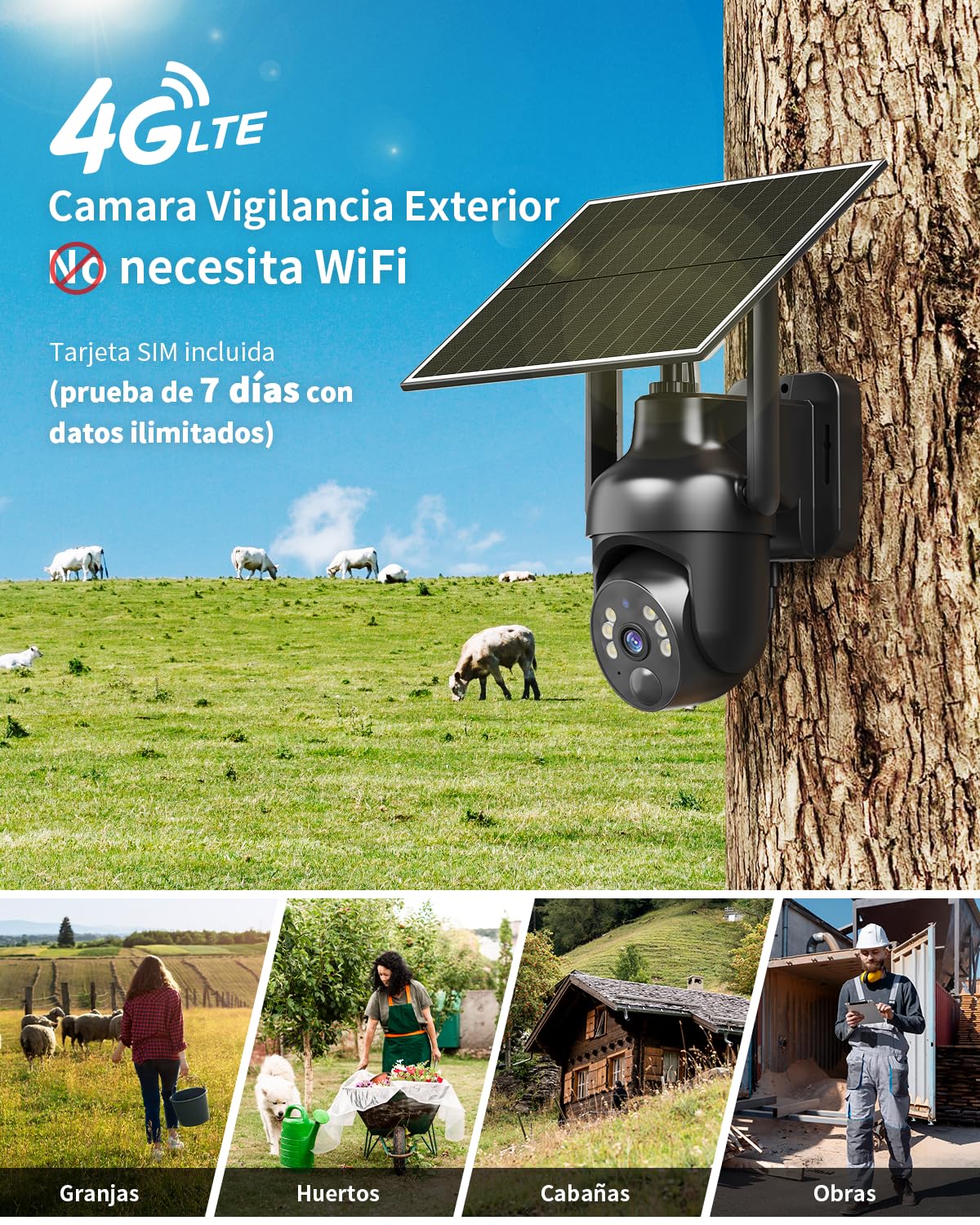 SEHMUA 4G LTE Cámara Vigilancia Exterior Solar con SIM | 2K 3MP Camara 4G Sin Cable con Batería y Panel Solar PTZ 355°/100°, Visión Nocturna Colorida, Detección De Movimiento