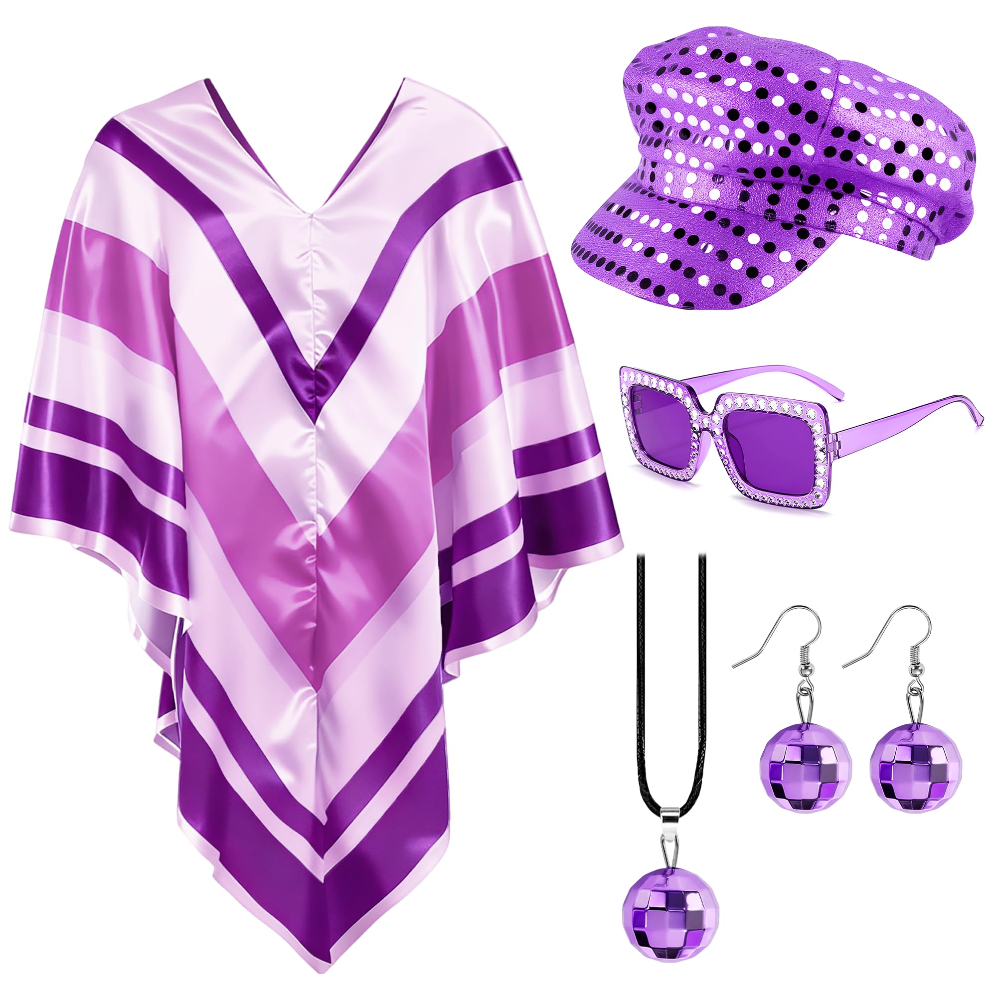 Bryndo 5 Pcs 70s Fancy Dress Set for Women, Disco Costume Accessories with Abba Pop Poncho Sequin Beret Hat Square Bling Sunglasses Earrings Necklace for 70s Theme Party Dress Up (Purple) — image 1