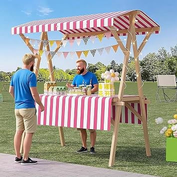 HARELA Collapsible Market Stall Rack Outdoor Portable Food Vendor Cart with Canopy, Vending Stand Kiosk Display Trolley for Market, Street Food & EventsPink,120cm/47.2in