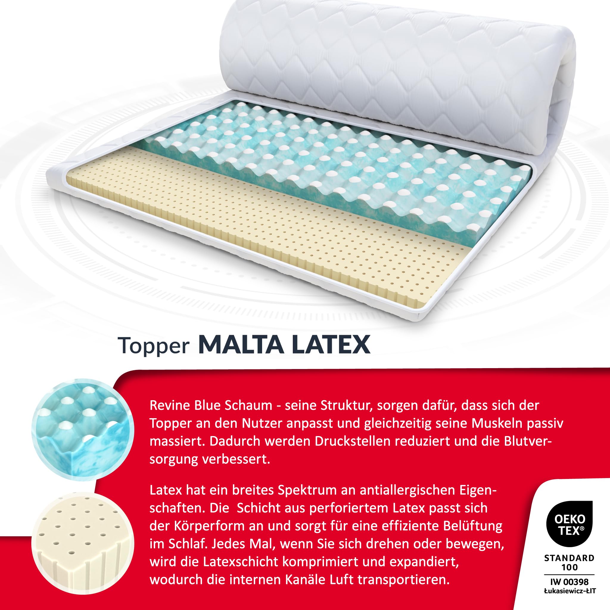 FDM Topper Malta Látex Topper 160 x 200 cm Dureza H2 H4 Altura aprox. 8 cm de espuma HR perfilada Látex para alérgicos Apto Öko-Tex