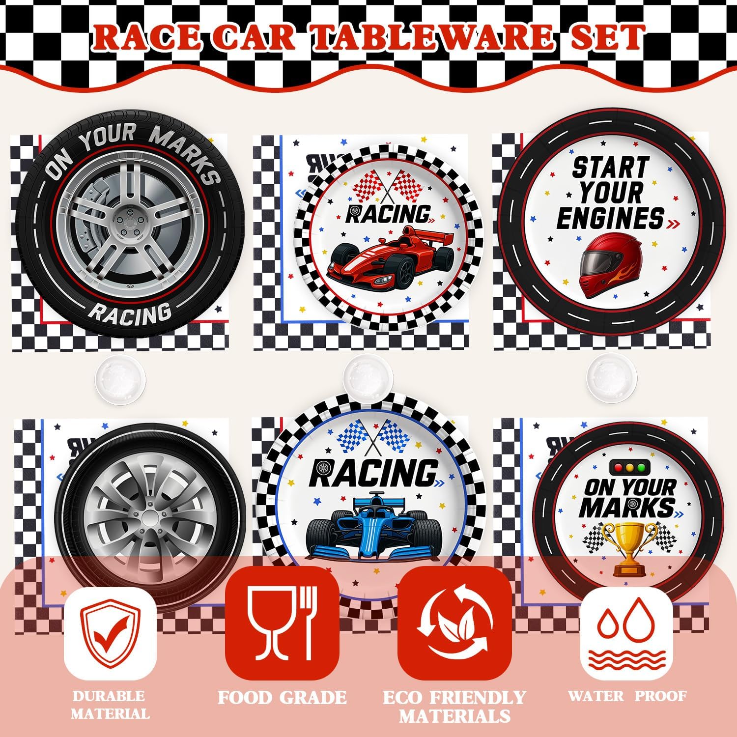 198 Pcs Race Car Birthday Party Decorations (Serves 24), Racing Birthday Decorations Include Banner Hanging Plates Napkins Cups Forks Knifes Tablecloth Topper Balloons for Car Party Decorations