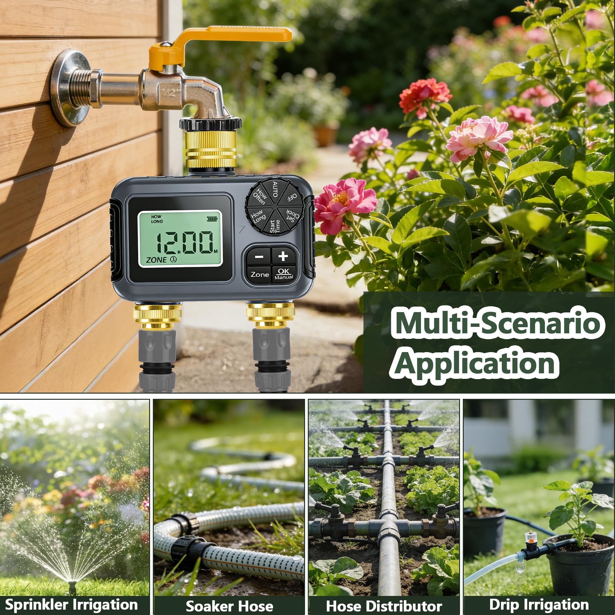IPX5 Programmateur Arrosage 2 Voies Avec Entrée en Laiton, Grand écran LCD,Temporizador con Retardo por Lluvia y Modo Manual para Jardín