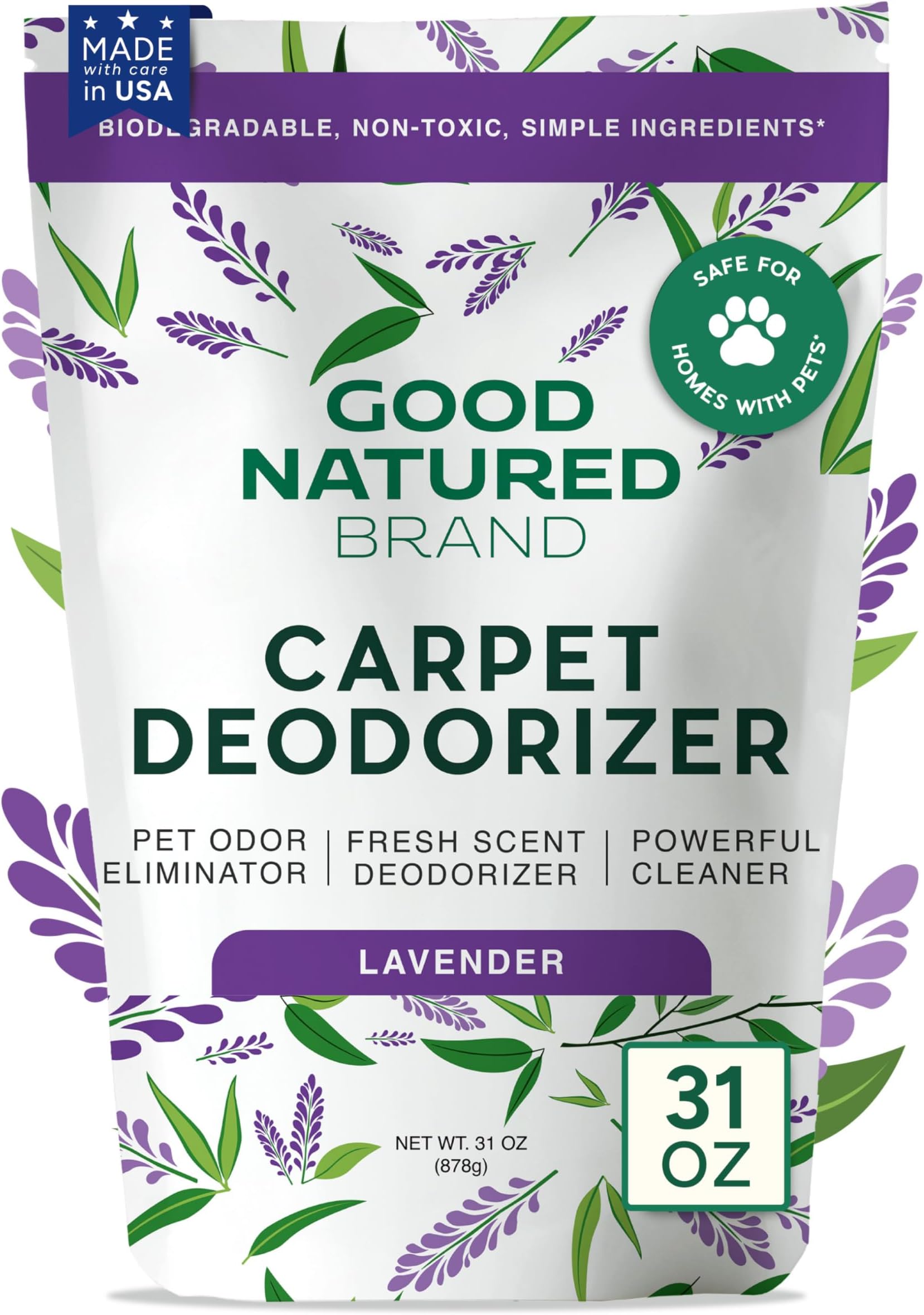 Carpet Deodorizer & Freshener Powder | 31 oz Pet Odor Eliminator for Strong Odor & Pet Urine | Fresh Natural Lavender Scent | Safe for Homes with Pets