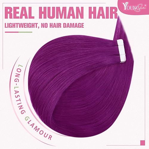 Miniatura 2 de YoungSee Extensiones de cabello humano con cinta morada de 12 pulgadas, extensiones de cabello humano Remy con cinta adhesiva, 10 unidades,
