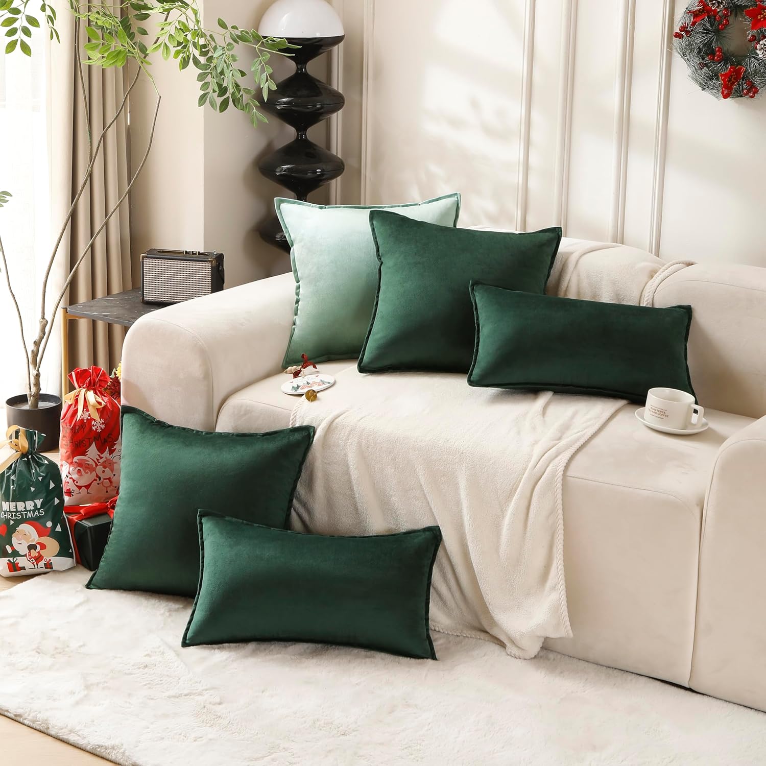 VAKADO Throw Pillow Covers 18x18 Set of 2 Sage Green Velvet Decor Decorative Couch Cushion Euro with Fringe Pillowcases Home Bed Decoration for Sofa Bedroom Office Indoor - Image 5