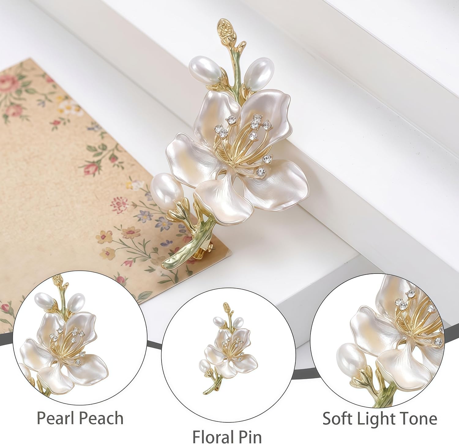Peach Blossom Brooch for Women, Pearl and Rhinestone Floral Lapel Pin, Pink Enamel Flower Jewelry for Dresses Coats and Scarves, Romantic Spring Summer Style Accessory for Parties and Weddings