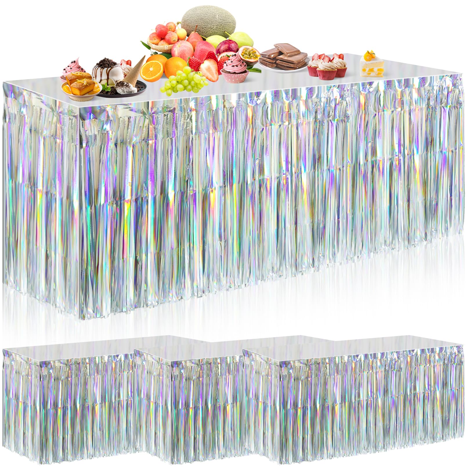 Dyrfolm 4 Pack Iridescent Table Skirt,Laser Metallic Foil Fringe Tinsel Table Skirts,Disposable Rainbow Table Skirt Banner for Rectangle Tables Birthday Wedding Graduation Party Decoration(29x108Inch)