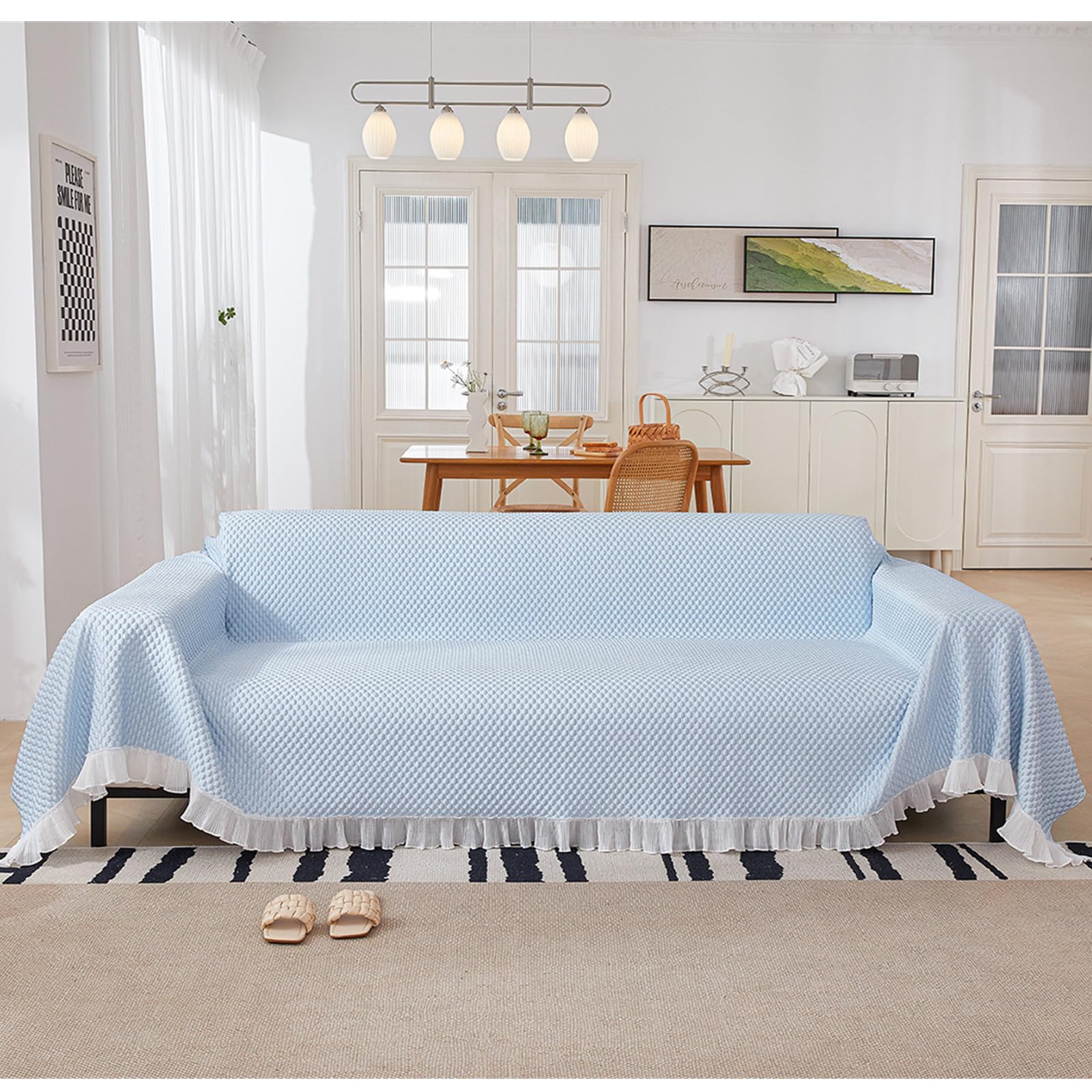 Copridivano estivo per divano a 3 posti, tessuto lavabile, look fresco, per soggiorno, 180 x 300 cm, blu - Slish & Fur Shield