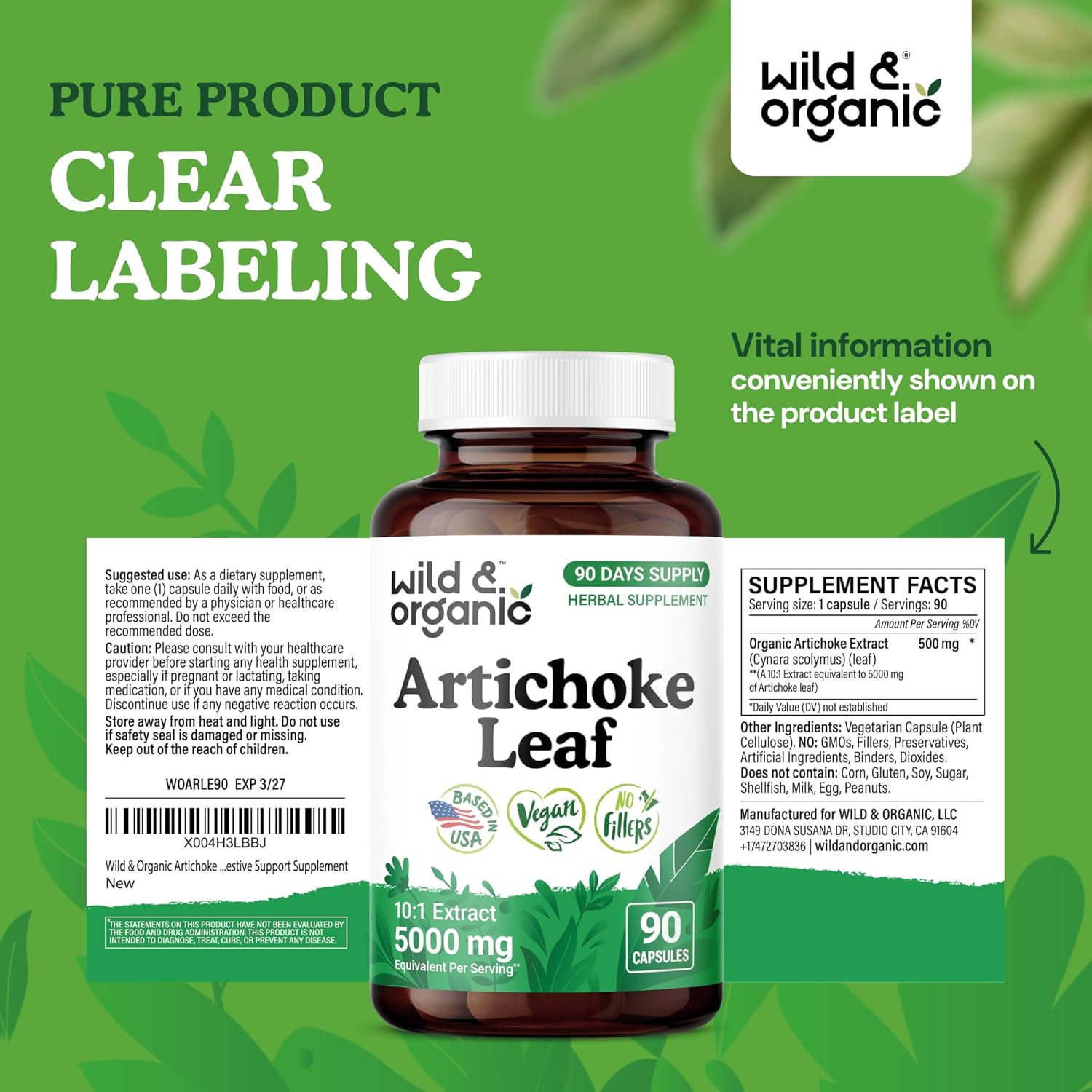Wild & Organic Artichoke Extract Capsules 500 mg - Liver & Digestive Support - Artichoke Leaf Extract Supplement - Cynara Scolymus Leaf Powder - Vegan, No Fillers, Non-GMO - 90 Count - Image 7