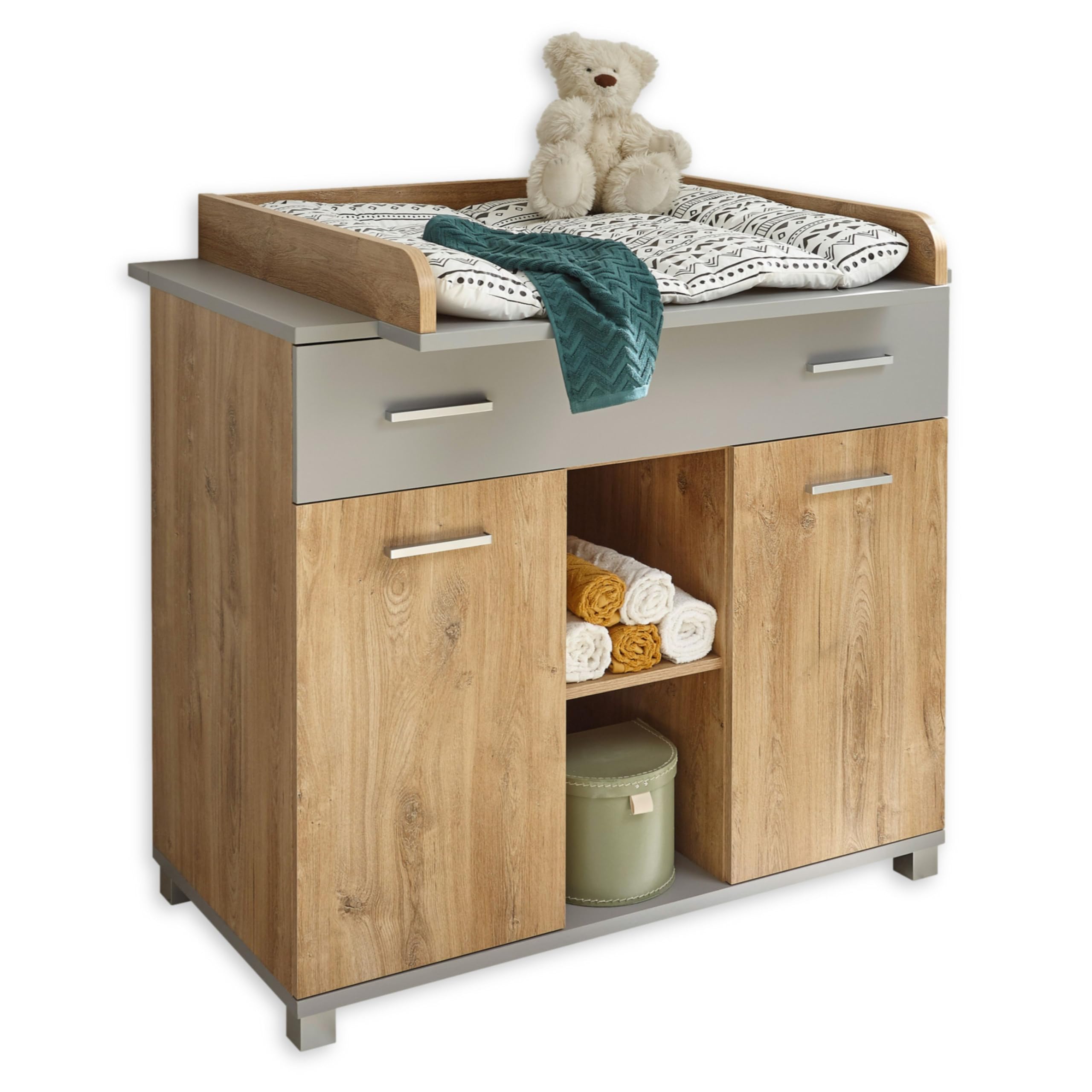 LARISSA Baby Wickelkommode inkl. Wickelaufsatz Bolton Oak Optik Arktisgrau 107 x 104 x 79 cm
