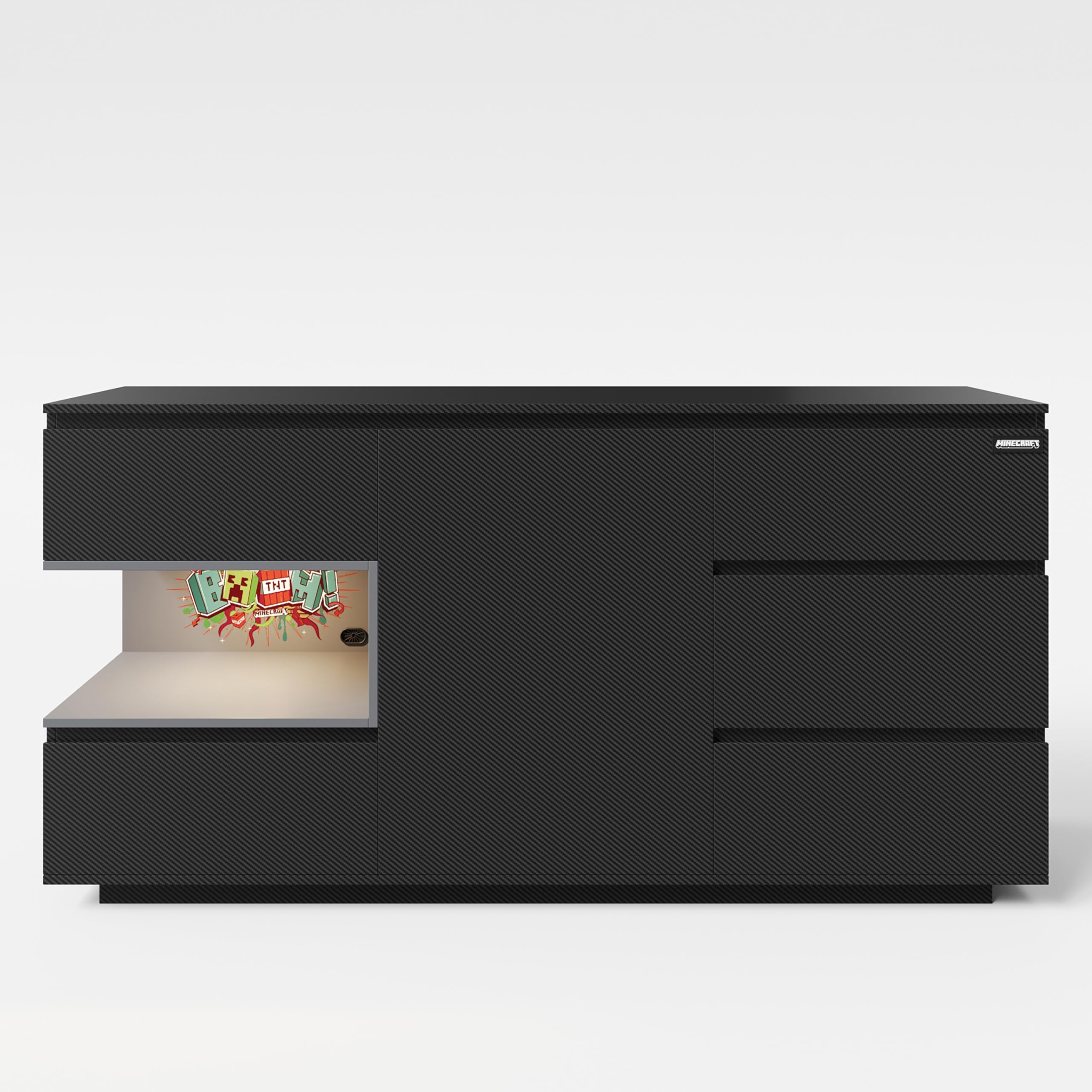 Phoenix group AG Minecraft Sideboard in schwarzer Carbon Optik, 160 x 82,3 x 40 cm, 5 Schubladen, 1 Tür, 1 offenes Konsolenfach mit LED-Beleuchtung