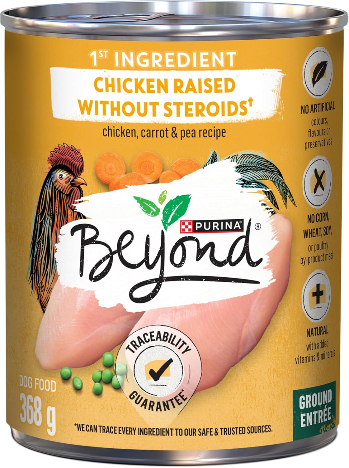 Beyond Natural Wet Dog Food, Chicken, Carrot & Pea Ground Entree – 368 g Can (12 Pack)