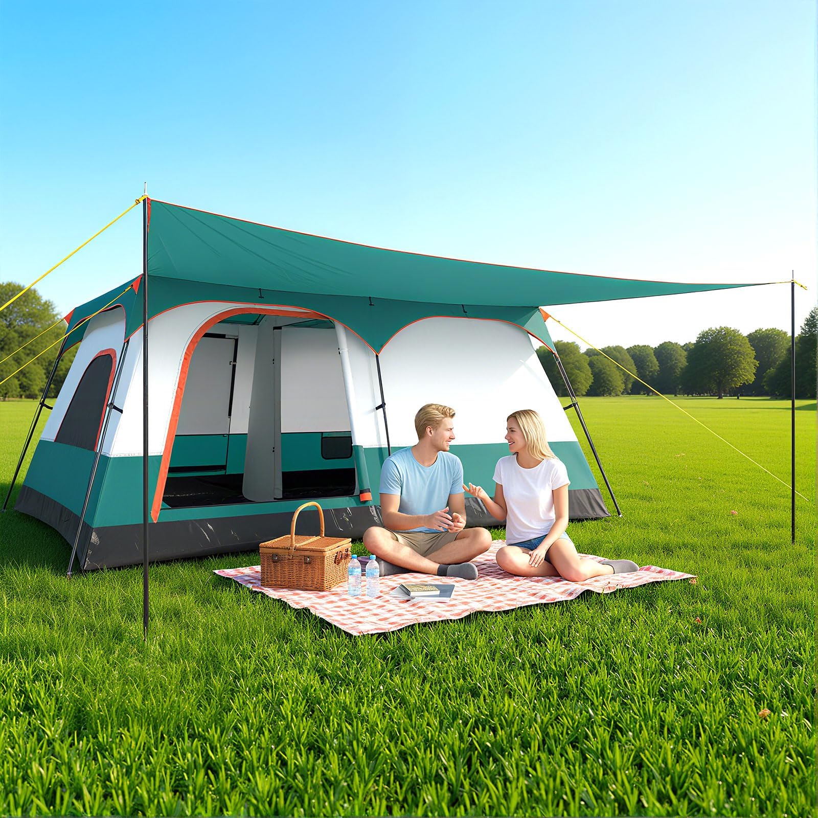 GYMAX Tente Camping Grande avec Auvent, 2 Chambres Séparées, Toit de Lucarne, Bâche Anti-Pluie Amovible, Portes et Fenêtres Enroulable, pour Extérieur Pique-Nique