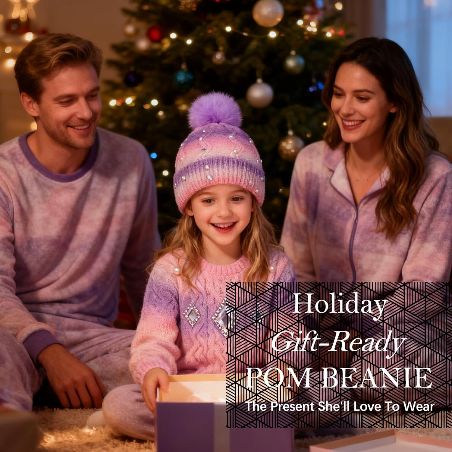 Kids Winter Knit Hat with Pompom - Sparkly Sequin & Pearl Rhinestone Beanie, Warm Ski Cap for Boys & Girls Ages 3-14(Pearls-Pink Purple,7-14 Y) - Image 7