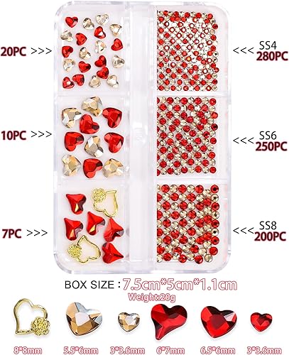 Miniatura 6 de 1 caja de 767 dijes de corazón rojo hueco 3D para decoración de uñas, gemas de amor, decoración de uñas con purpurina, corazón rojo champán, día del