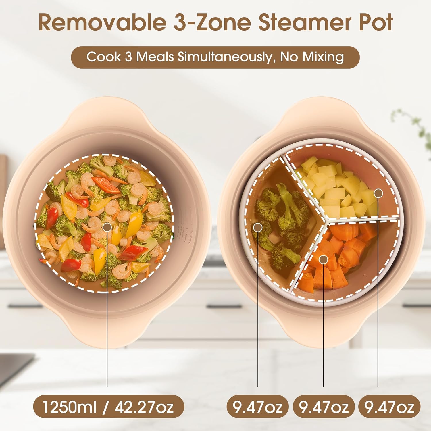 42oz Microwave Silicone Steamer 3 Compartmented for Vegetables/Fish/Baby Food, 4 in 1 Microwave Pot with Handle, Lid, Basket, Recipe ,Oven & Dishwasher Safe, Easy Clean, Korea Design 100% Food Grade (Pink)