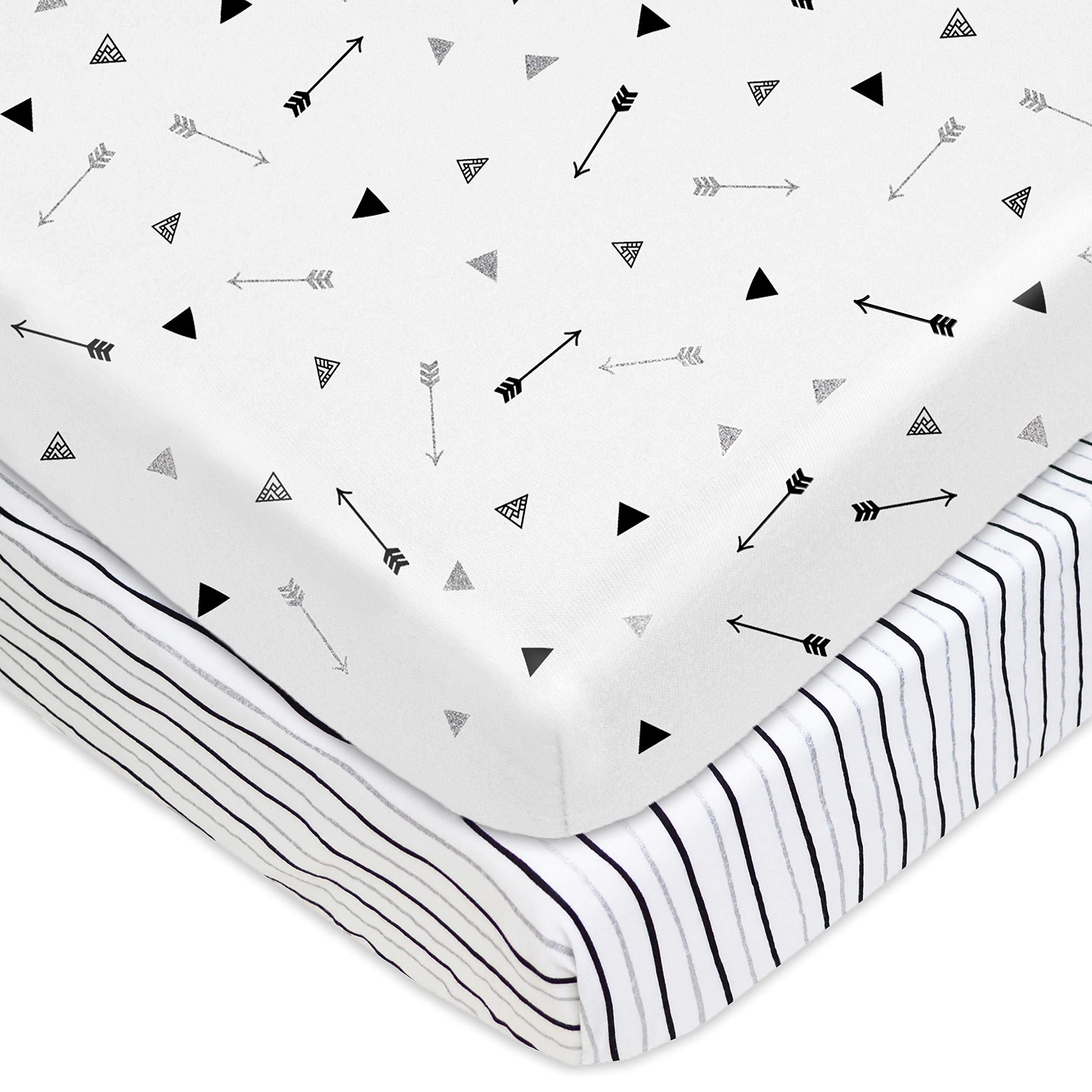 TL Care 2 Pack Fitted Pack and Play Sheet 39x27, Silver Black Arrow/Stripe