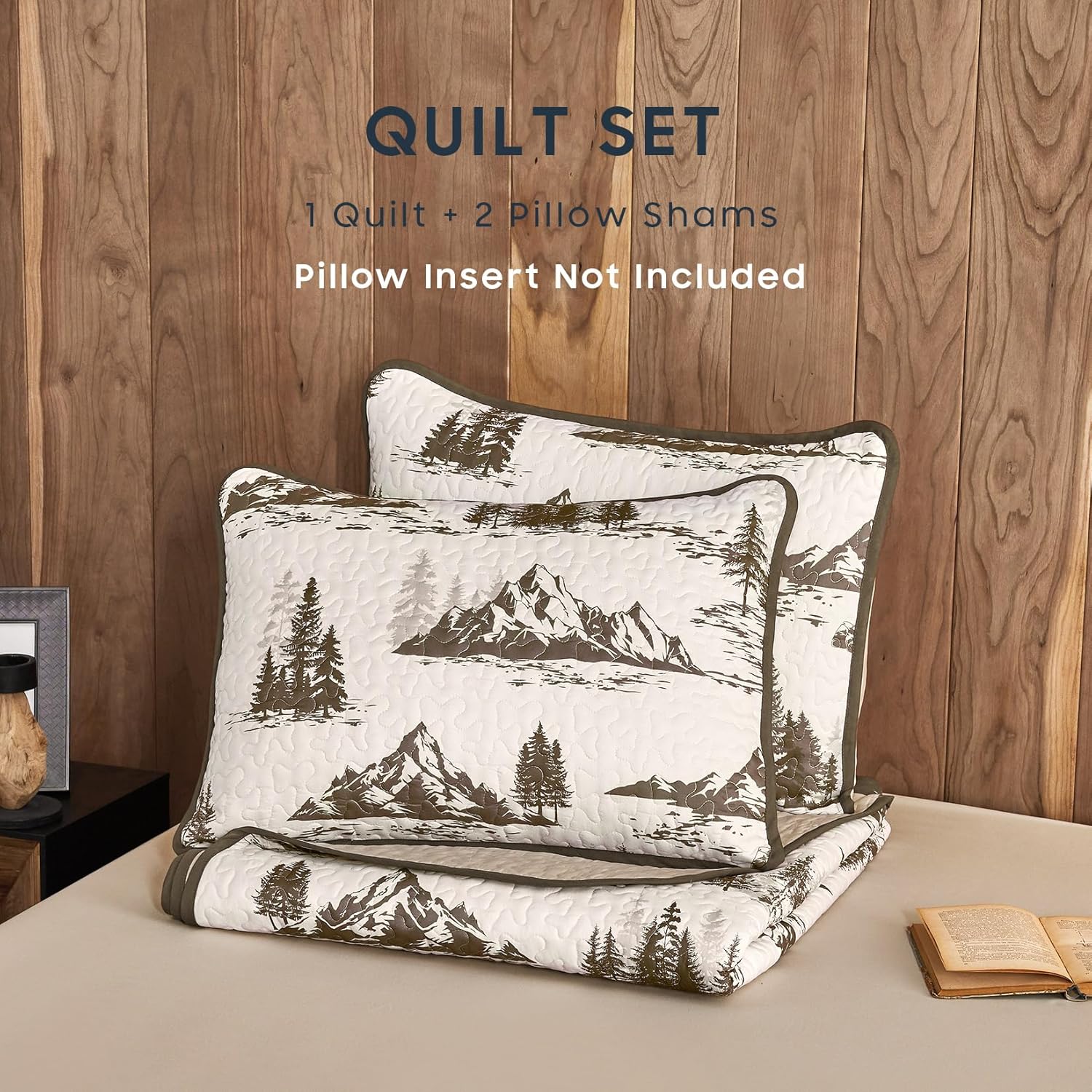 Wake In Cloud - Rustic Quilt Set, Cabin Forest Woodland Camping Theme with Lodge Mountain Print, Reversible Lightweight Bedspread Coverlet, 3 Pieces, Beige Brown, Queen/Full Size - Image 2