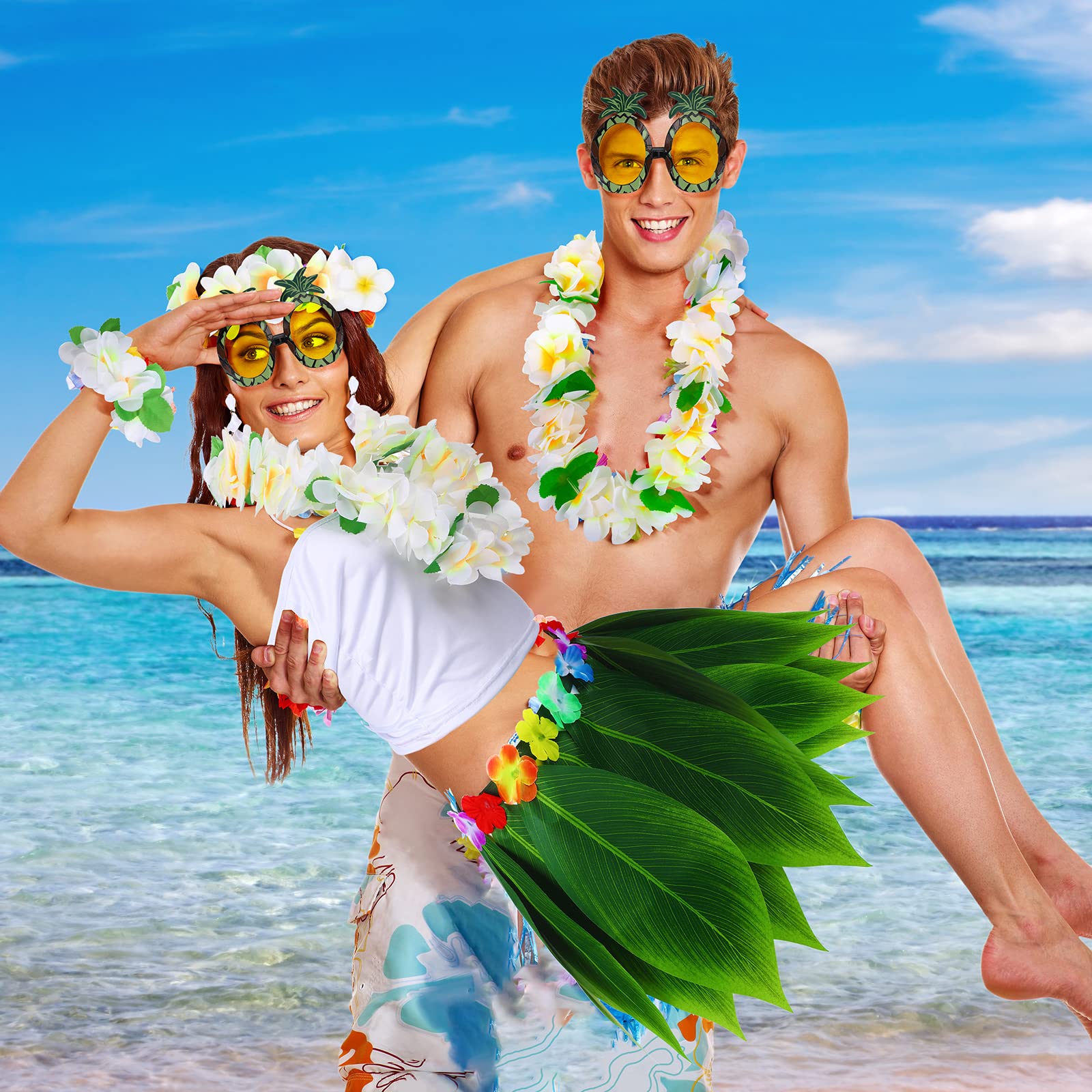 Hicarer9 Pcs Hawaiian Costumes Accessories Women Luau Outfit Tropical Hula  Grass Skirts for Luau Party Halloween Costumes