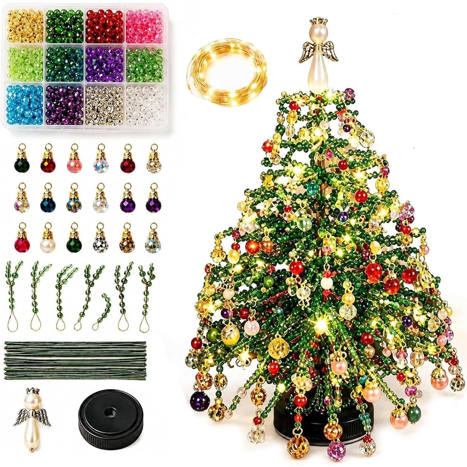 Beaded Christmas Tree Kit, Christmas Ornaments 3D Bead Kits, Handmade Mini Xmas Tree Making Kit with Colorful Beads & Ornaments, Holiday Tabletop Decoration Craft Gift for Craft Lovers & Beginners