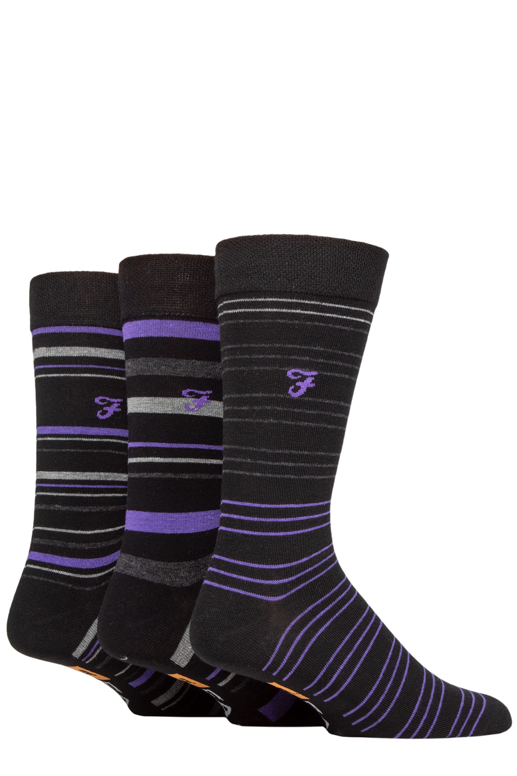 Farah Mens Argyle, Patterned and Striped Cotton Socks Pack of 3 Black/Purple Stripe 6-11