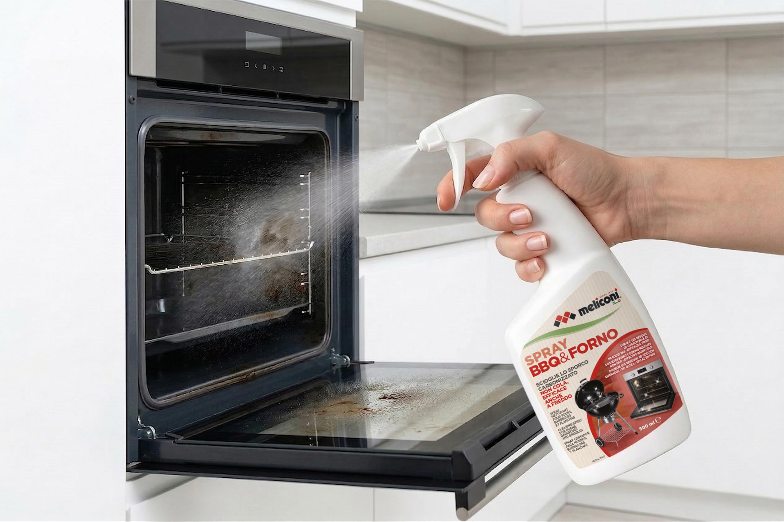 Meliconi Spray Forno e BBQ 500 ml, Detergente Sgrassante Schiumogeno ad Alta Aderenza, Rimuove Sporco Carbonizzato anche a Freddo, Made in Italy, Flacone con 50% Plastica Riciclata
