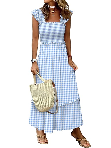 ANRABESS Womens Summer Sleeveless Maxi Dress Square Neck Smocked Boho Casual Ruffle Strap Flowy A-Line Long Beach Sundress