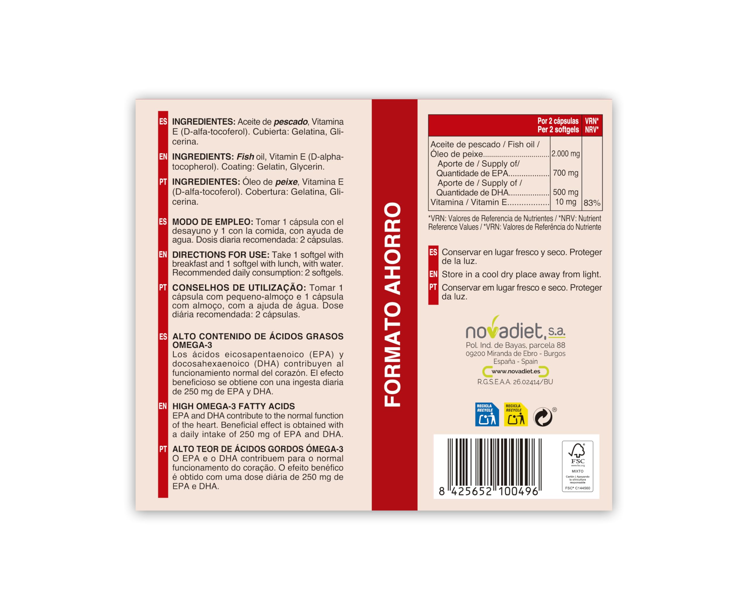 Novadiet – OMEPA 3 Cápsulas con Vitamina E, Aceite de Pescado y Omega 3, Ayuda a Controlar los Niveles de Colesterol y la Tensión Arterial (Omepa 3 Formato Ahorro - 180 Cápsulas)