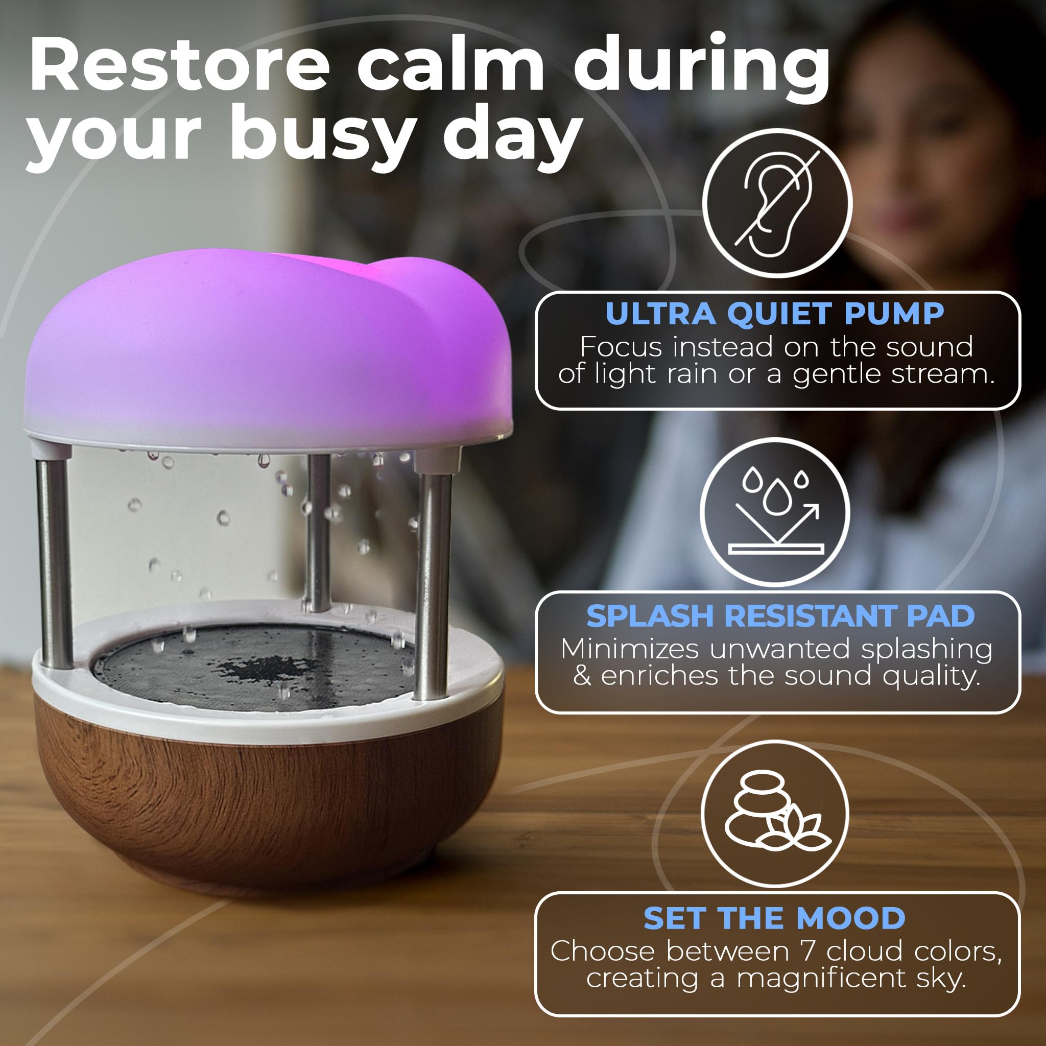 UNITEDESSENTIALINDOOR ‘Calming Cloud’ Tabletop Water Fountain | Quiet Pump | Splash Resistant | Zen & Nature Décor | Promotes Focus, Stress Relief, Productivity, Sleep | Reminder to Pause & Reset | Desk Accessory 2