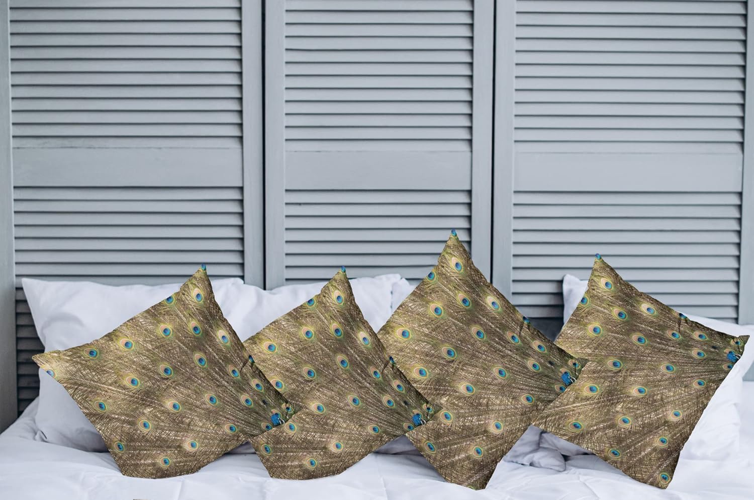 Ambesonne Feather Decorative Throw Pillow Case Pack of 4, Close up Layout of a Peacock Opening His Colorful Tail Forming a Semicircle Photo, Cushion Cover for Couch Living Room Car, 18", Brown Blue