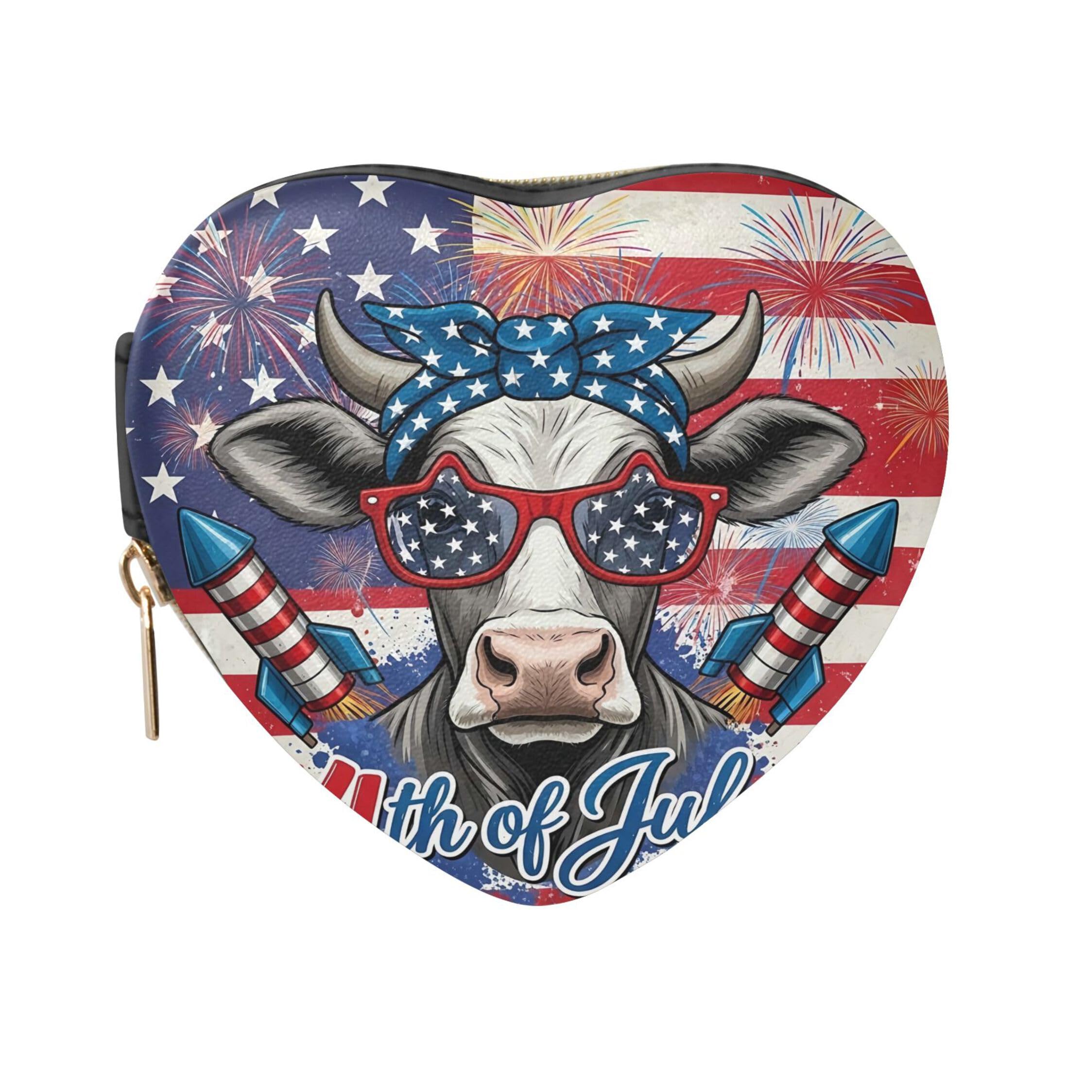 Fuauuyl Independence Day Cow Small Jewelry Box Heart-Shaped Jewelry Case, Portable Travel Organizer Bridesmaid Proposal Gift for Women Girls
