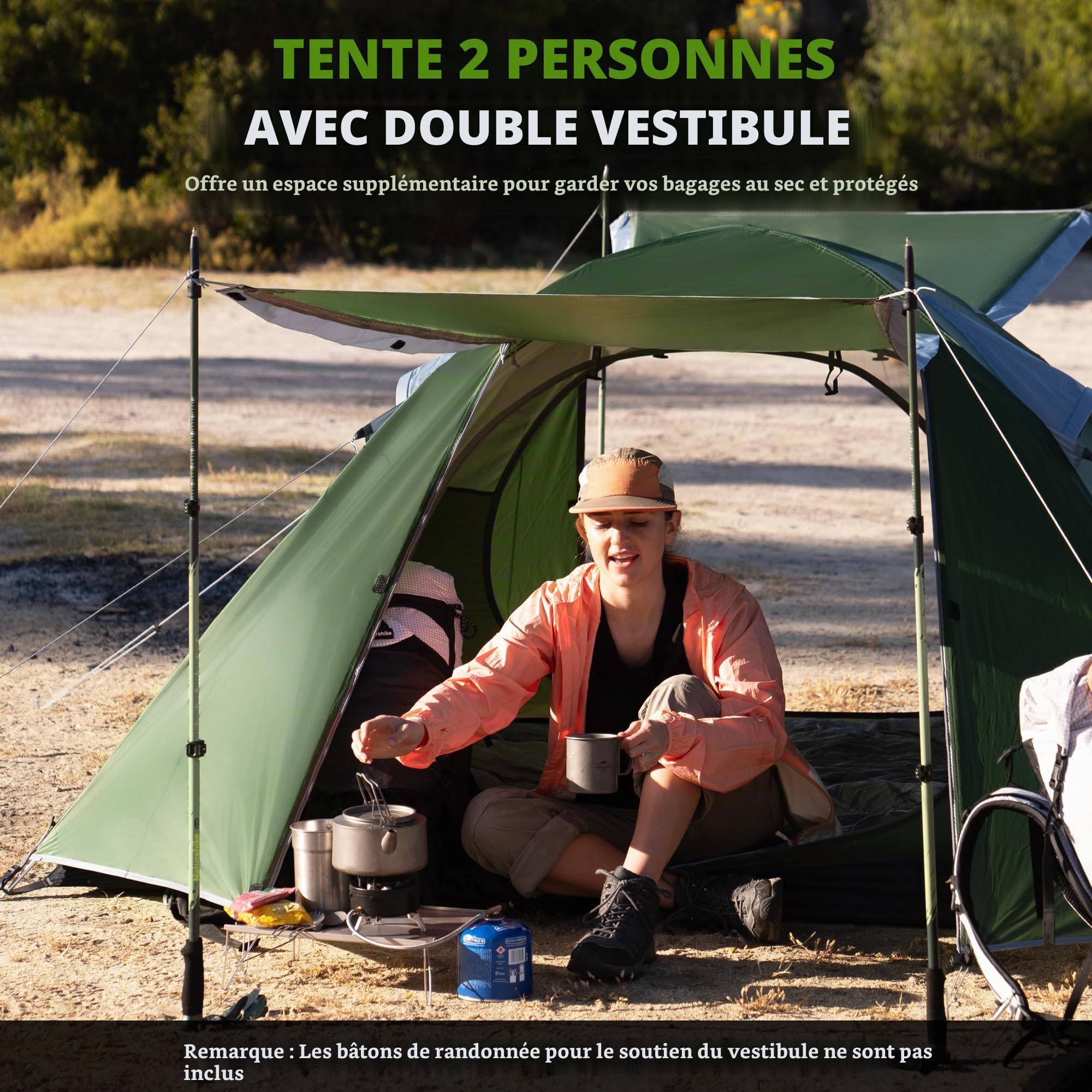 Naturehike Bleik Tente dôme ultra légère pour 2 à 3 personnes avec 2 vestibules pour le camping, le trekking et les randonnées à vélo