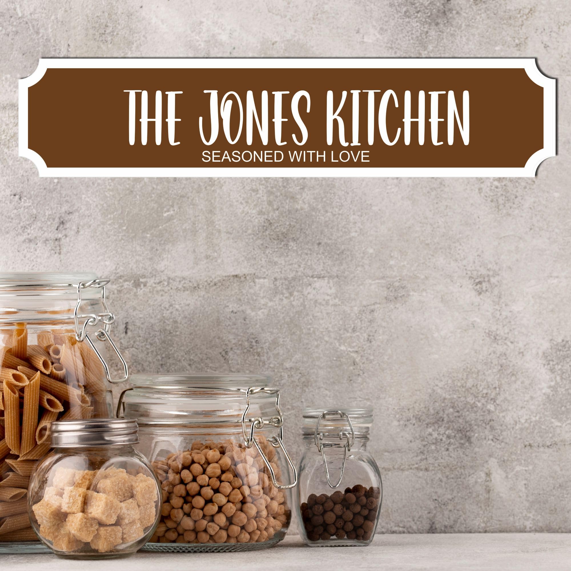 Personalised Street Sign Plaque – Custom Family Surname Kitchen | Seasoned With Love | Home Décor Gift Customised Family Kitchen Street Sign (Brown, MDF Wood Small: 29cm x 6.3cm)