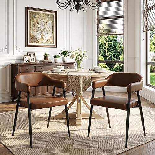Miniatura 19 de HNY Juego de 6 sillas modernas de comedor con brazos, sillas de comedor de barril tapizadas en piel sintética retro con brazos, silla de acento